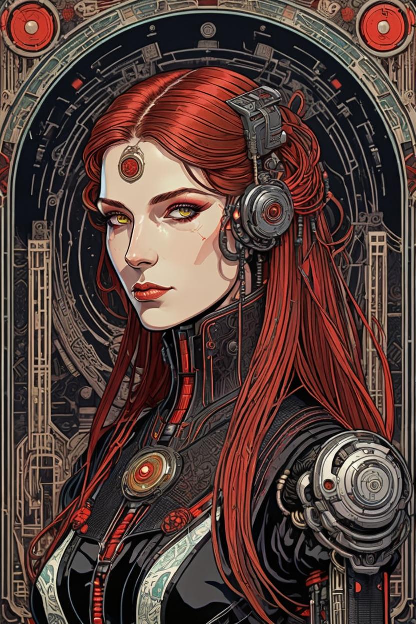 Artificial Intelligence (AI) generated image art, (*woman*), portrait, artwork by Ivan Bilibin, Art Nouveau, tarot, cyberpunk, red and black android, cyborg, robotic, with long hair, dark eyes, black irises, full body