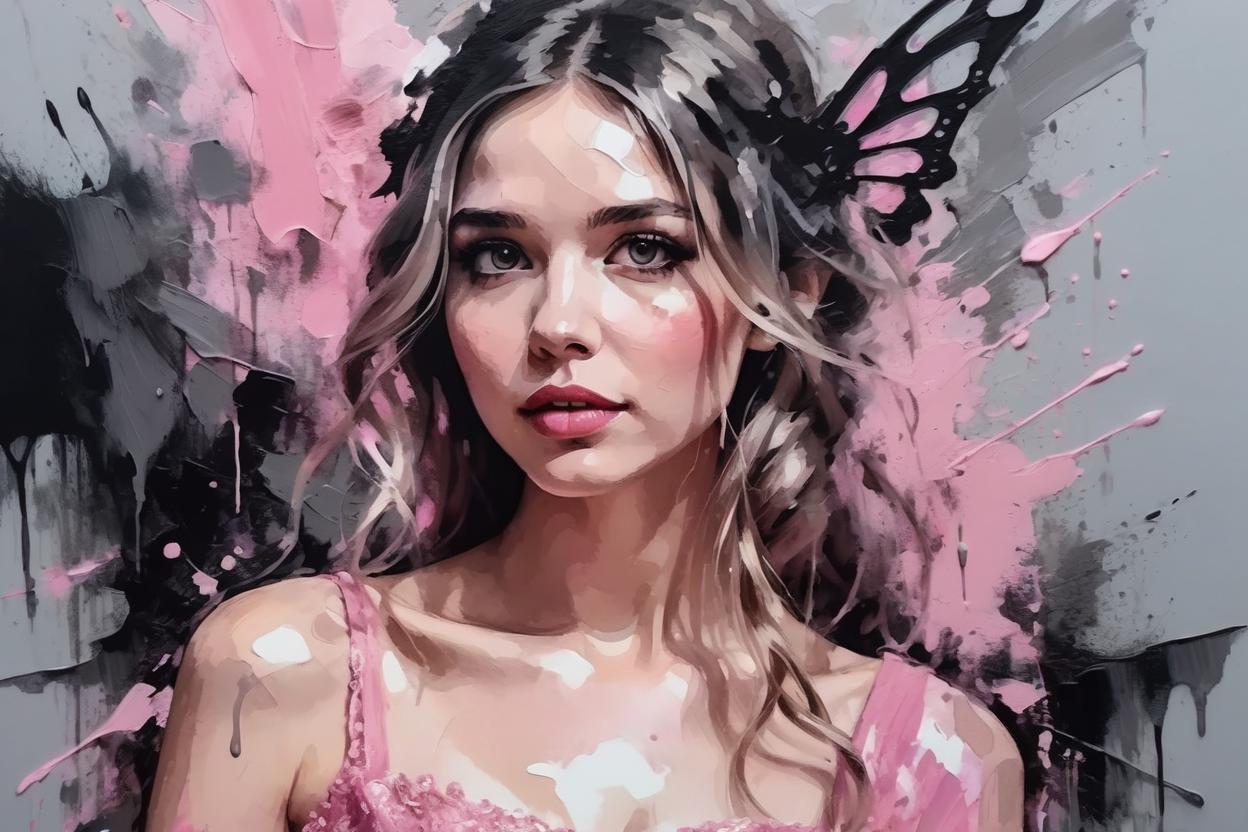 Artificial Intelligence (AI) generated image art, woman as a fairy in a pink dress, Close up portrait, impasto technique, low angle, detailed eyes, detailed lips, gray pink and black accents, dripping paint, illustration, painting, poster, impressionist, visible brush strokes, splashes, dynamic, sultry lips, seductive expression, painterly aesthetic