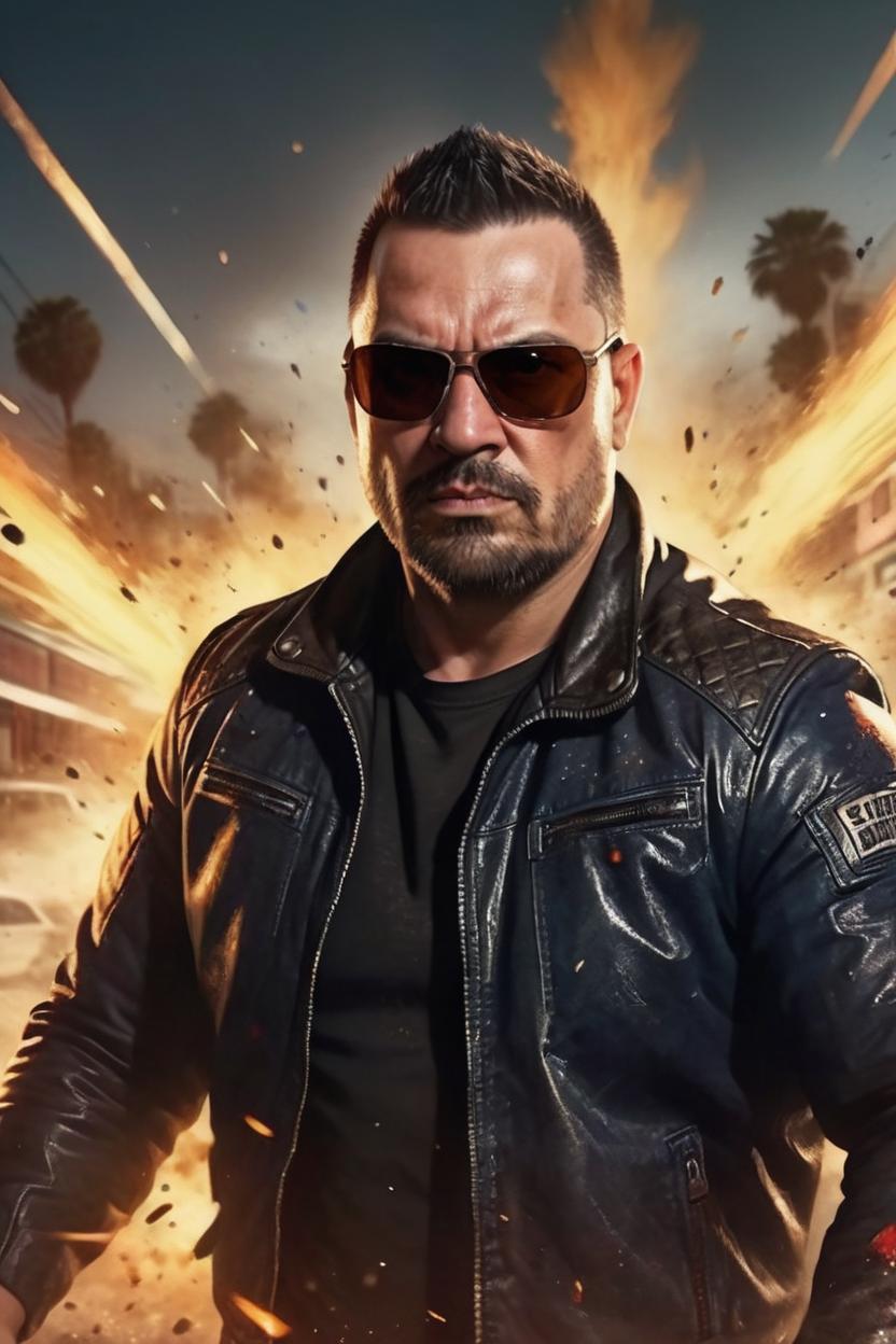 Artificial Intelligence (AI) generated image art, man, sunglasses, leather jacket, (explosions),art by greg rutkowski, cinematic lighting, 8k, sharp focus, highly detailed, contrast