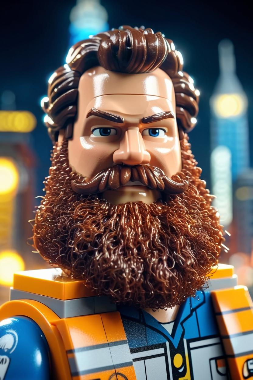 Artificial Intelligence (AI) generated image art, man, with a big beard as a Lego character in the style of 2014 The Lego Movie, hyper realistic, 8k, Lego city in the background, Bricksburg, bokeh, dramatic lighting, vignette
