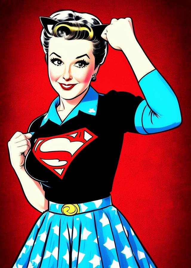 Artificial Intelligence (AI) generated image art, (pin up style style), person, illustration, DC comics, superhero comics, portrait, loves cat