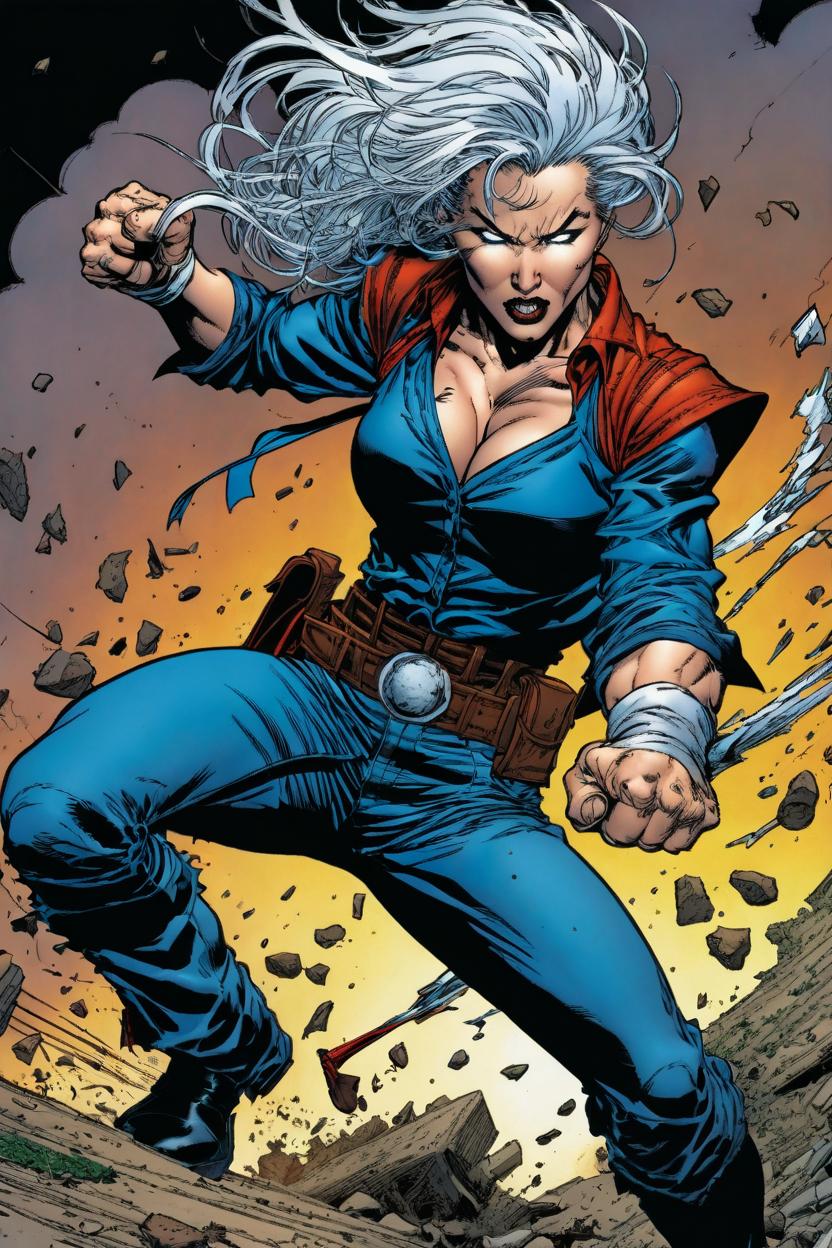 Artificial Intelligence (AI) generated image art, woman, as Deathblow, Wildstorm, by Jim Lee and Brandon Choi, punching the ground, Darker Image #1 March 1993