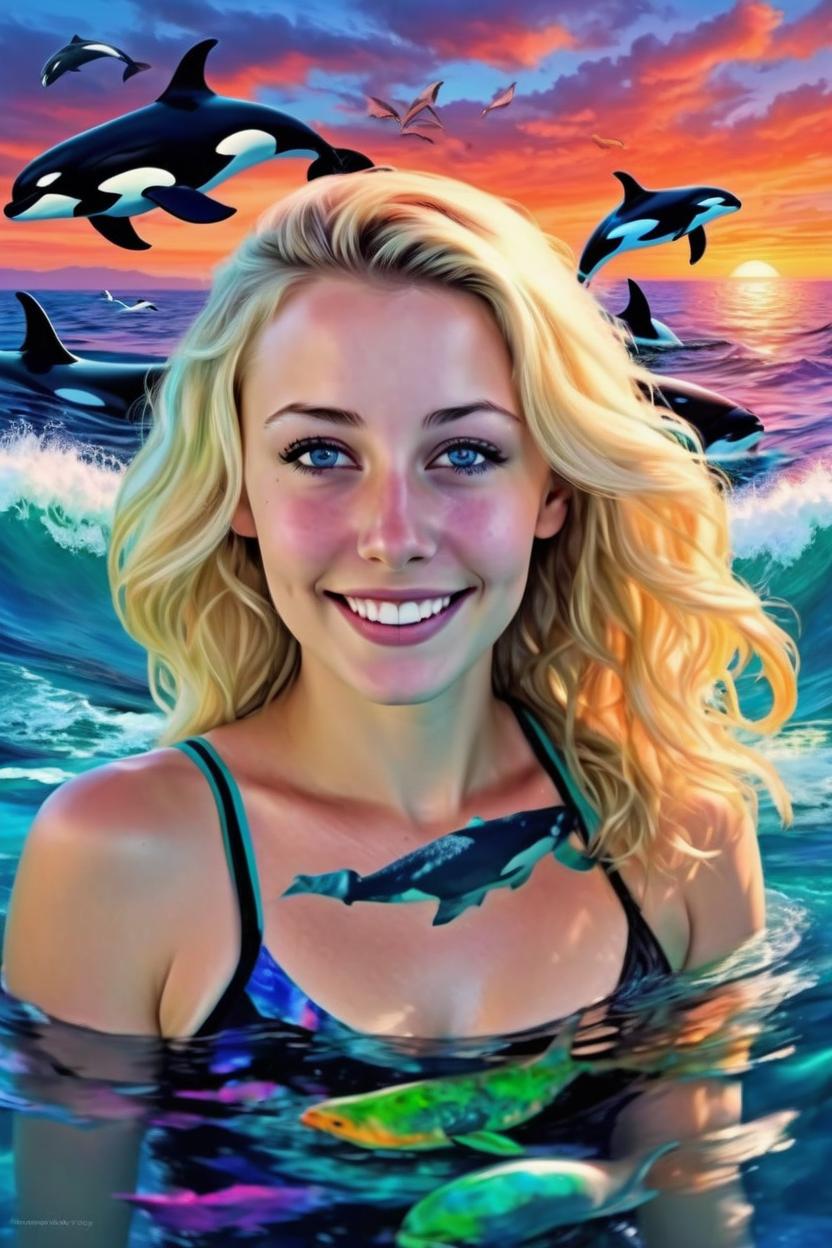 Artificial Intelligence (AI) generated image art, woman, swimming In the ocean with orcas, fine detail , beautiful, majestic , photorealistic, vibrant colorful eye-catching abundant ocean life can be seen below the waves, colorful coral reef, sunsets on Oceanic view, ((jamielee)) as a skinny blonde white girl, she is happy, she is 27 years old, beautiful, love, peaceful, tranquil vibes, killer whales can be seen in the background swimming in the ocean