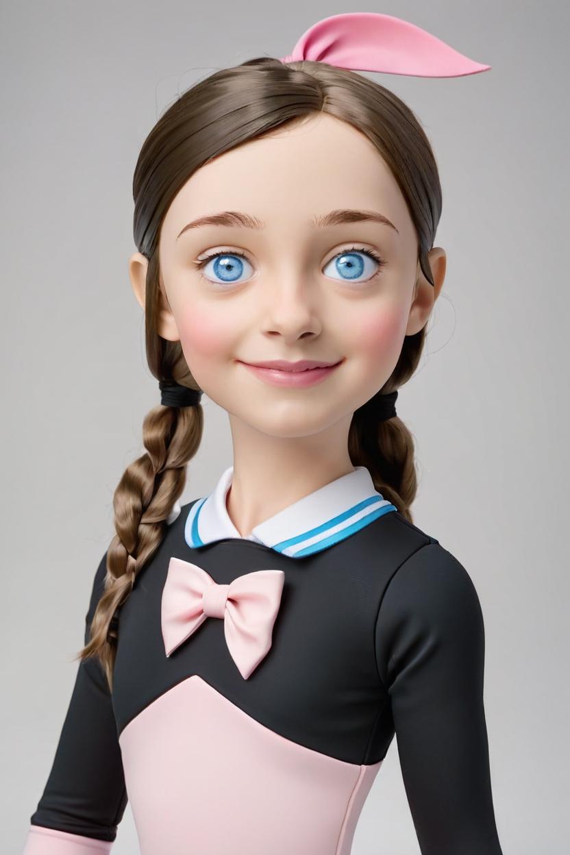 Artificial Intelligence (AI) generated image art, woman, stylized action figure, exaggerated cartoon proportions, oversized head, blue eyes, athletic but simplified build, shorter torso and limbs, sculpted plastic form, clear facial detail, toy-like anatomy, seamless limbs, no articulation joints. Ponytail with a pink bow, no gloves. Inspired by Disney Infinity or Amiibo. Full-body, relaxed frontal standing pose. Wearing a cheerleader outfit, long-sleeve fitted black bodysuit with pink trim on collar and sleeves, high-waisted black pleated mini skirt, white athletic shoes. Neutral beige background, soft frontal lighting, no rim light, no backlight, no glow edges.
