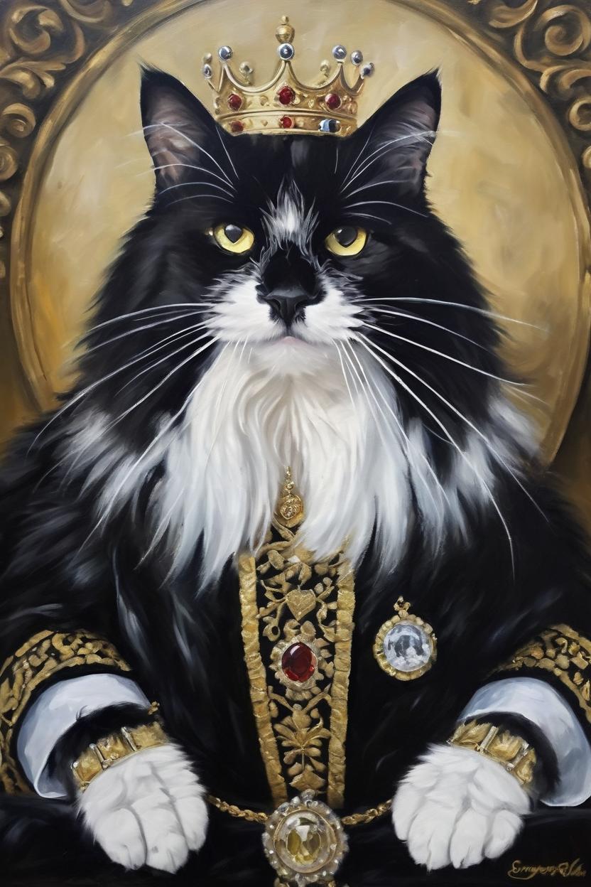 Artificial Intelligence (AI) generated image art, cat, as a royal Pet Portrait, oil painting portret, (identical and realistic head), (realistic), jeweled kings crown, regal fur, your royal Highness full body, dressed in kings royal robes, yellow eyes, black and White fur, fluffy longhair, tuxedo cat, domestic longhair male cat, adorable, king, royal majesty of felines, majestic, handsome, regal, sophisticated