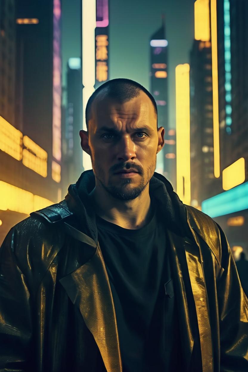 Artificial Intelligence (AI) generated image art, man, looking straight at the camera, in a futuristic city, 4k, blade runner science fiction style, golden hour, dark, Elegant, mid shot