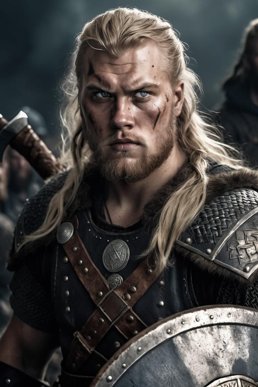 Artificial Intelligence (AI) generated image art, man, viking with blonde hair and grey eyes, ((dark lighting)), (war background), photorealistic, cinematic, 4k, highly detailed, sharp focus, (norse methology), axe, shield, warrior