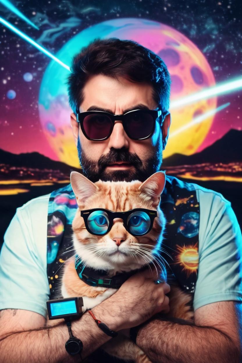 Artificial Intelligence (AI) generated image art, man, 80s Cheesy portrait, Holding a cat, Planets and Lasers shooting in the background. Wearing 80s glasses.