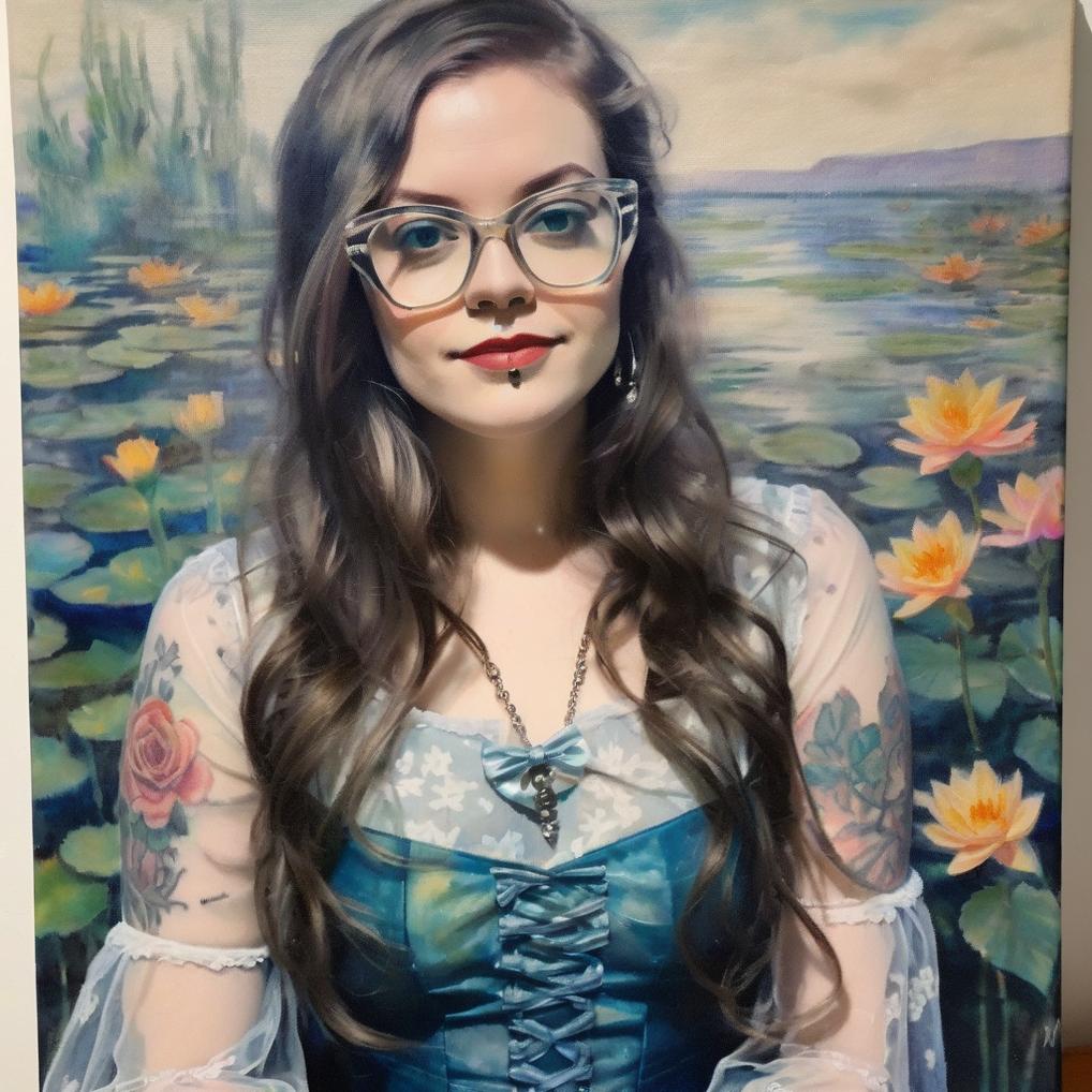 Artificial Intelligence (AI) generated image art, (oil painting of ) woman, beautiful tattoed woman, piercings, glasses (wearing a dress with transparent sleeves), long hair in artistic style, monet watercolour, art, canvas painting