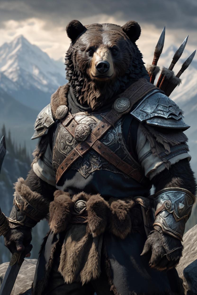Artificial Intelligence (AI) generated image art, man as a fantasy warrior, with war bear by side, (portrait), dnd, (dark dramatic mountains in background), art by Greg Rutkowski, highly detailed, sharp focus, 4k