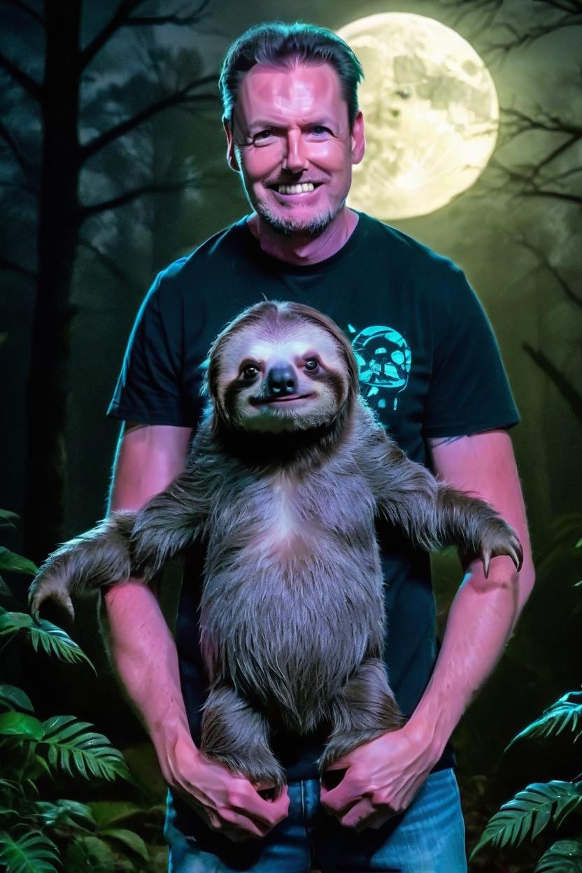 Artificial Intelligence (AI) generated image art, man, holding a sloth, full body scene, dark lit night scene, both look scared, forest background, full moon night sky