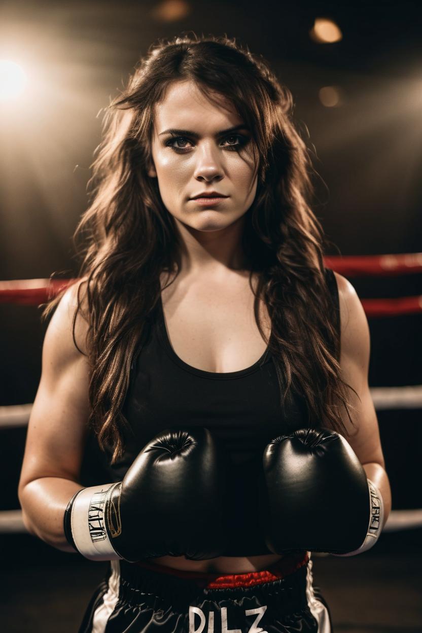 Artificial Intelligence (AI) generated image art, woman as a beautiful young female, portrait, as a strong and fit female boxer, wearing boxing gloves, inspired by the rocky movies, ((dark moody)) boxing ring in background, petite female figure, beautiful young woman, confident demeanor, wearing women's sports bra, beautiful portrait, photography by amy leibowitz and filip fedorov, dramatic lighting, close up portrait, cinematic still, film still, magic hour, long exposure, hazel eyes, brunette hair, cinematic lighting, " ((album cover art style)), Henry Diltz music photography, grunge, dramatic, petite female figure, young woman, mid 20's, soft skin, dark smokey eye makeup, long hair ,