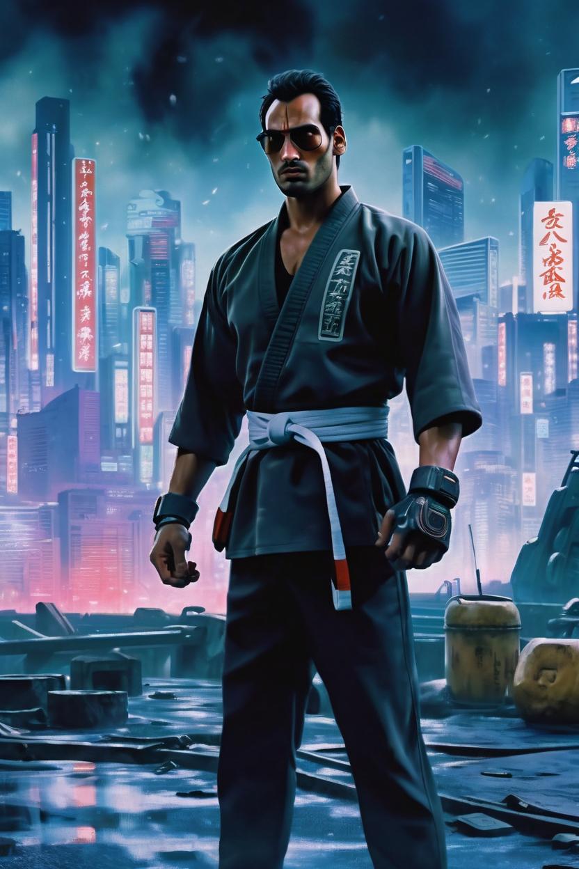 Artificial Intelligence (AI) generated image art, man, (ghost in the shell 1995 anime film), portrait, scifi city landscape, martial artist