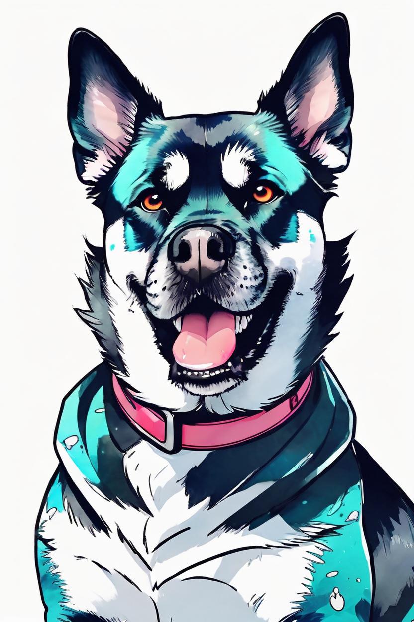 Artificial Intelligence (AI) generated image art, dog, anime style, coloured ink, cheeky grin