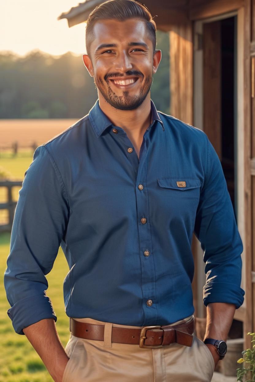 Artificial Intelligence (AI) generated image art, man, a handsome man with warm smile. candid shot. dressed in nice casual attire for a nice dinner, blue shirt tucked in with light brown pants, and brown belt. photorealistic full-body Portrait shot outside on a farm in the day time with cinematic lighting from the sun, highly detailed, sharp focus, 4k, amateur photograph style.