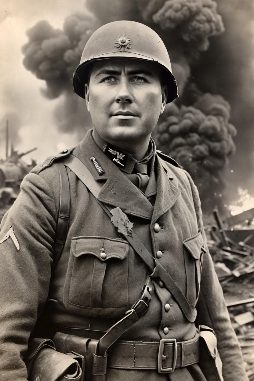 Artificial Intelligence (AI) generated image art, photo of beautiful man 1 I =, b&w, 1900 photograph, vintage, portrait, photorealistic, asvperiod world war one british soldier, world war one battle explosions in background, art by artgerm, contrast