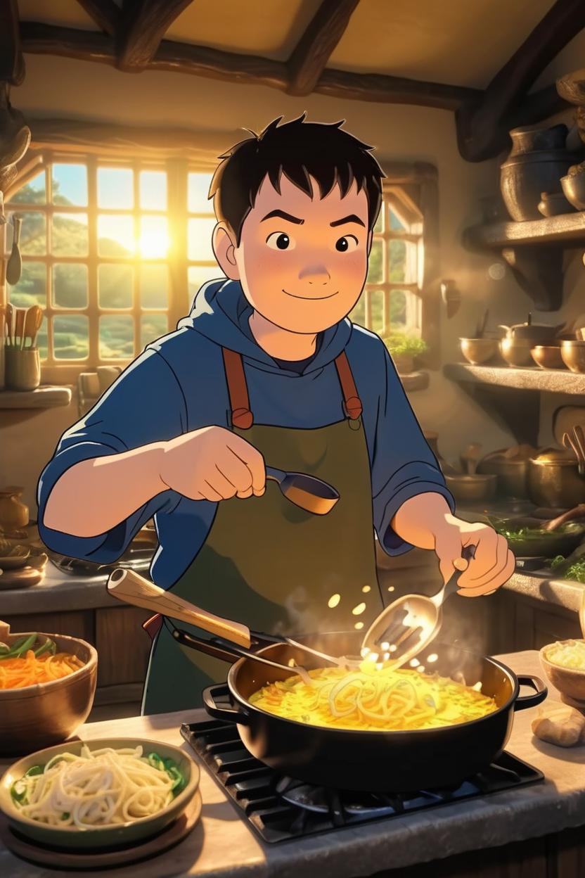Artificial Intelligence (AI) generated image art, man, As a hobbit cooking, detailed, golden hour, by studio ghibli, Hayao Miyazaki, animated cartoon
