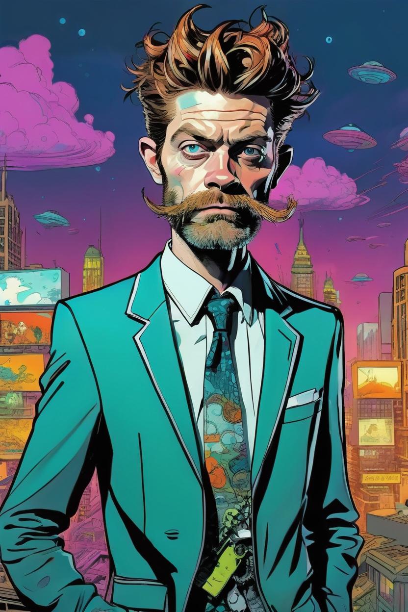 Artificial Intelligence (AI) generated image art, man as a dapper futurist (Jamie Hewlett comic book style), portrait, scifi utopian city landscape, illustration, comics
