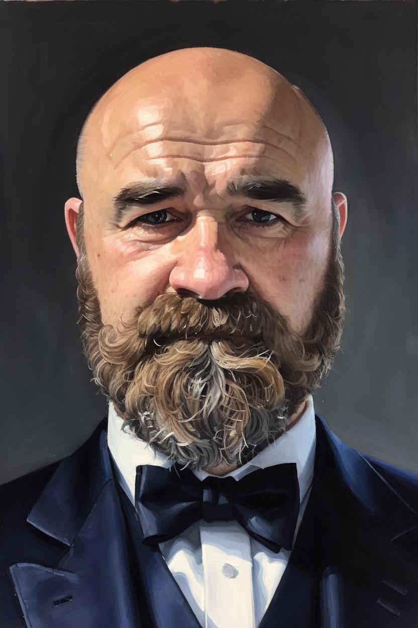 Artificial Intelligence (AI) generated image art, man, single portrait, wearing black dark blue tuxedo, curled moustache, art, by Greg Rutkowski, highly detailed, sharp focus,