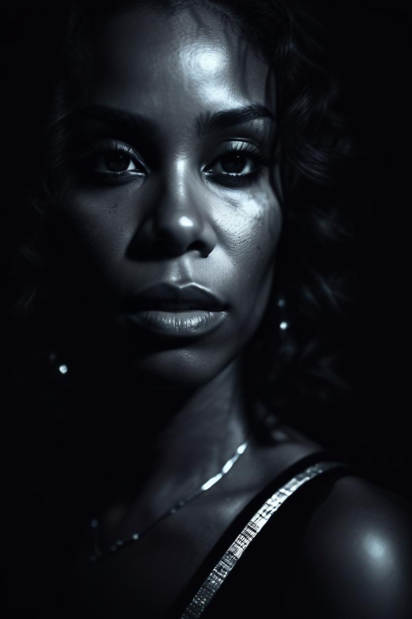 Artificial Intelligence (AI) generated image art, woman, night portrait, ((dark lighting)), (black background), photo realistic, cinematic, 4k, highly detailed, sharp focus, b&w