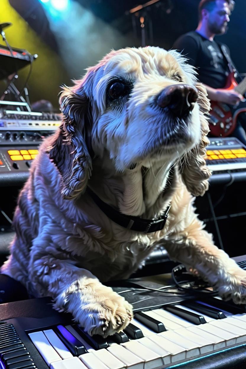 Artificial Intelligence (AI) generated image art, dog, Hyper realistic image of him playing the keyboard on stage with an industrial metal band
