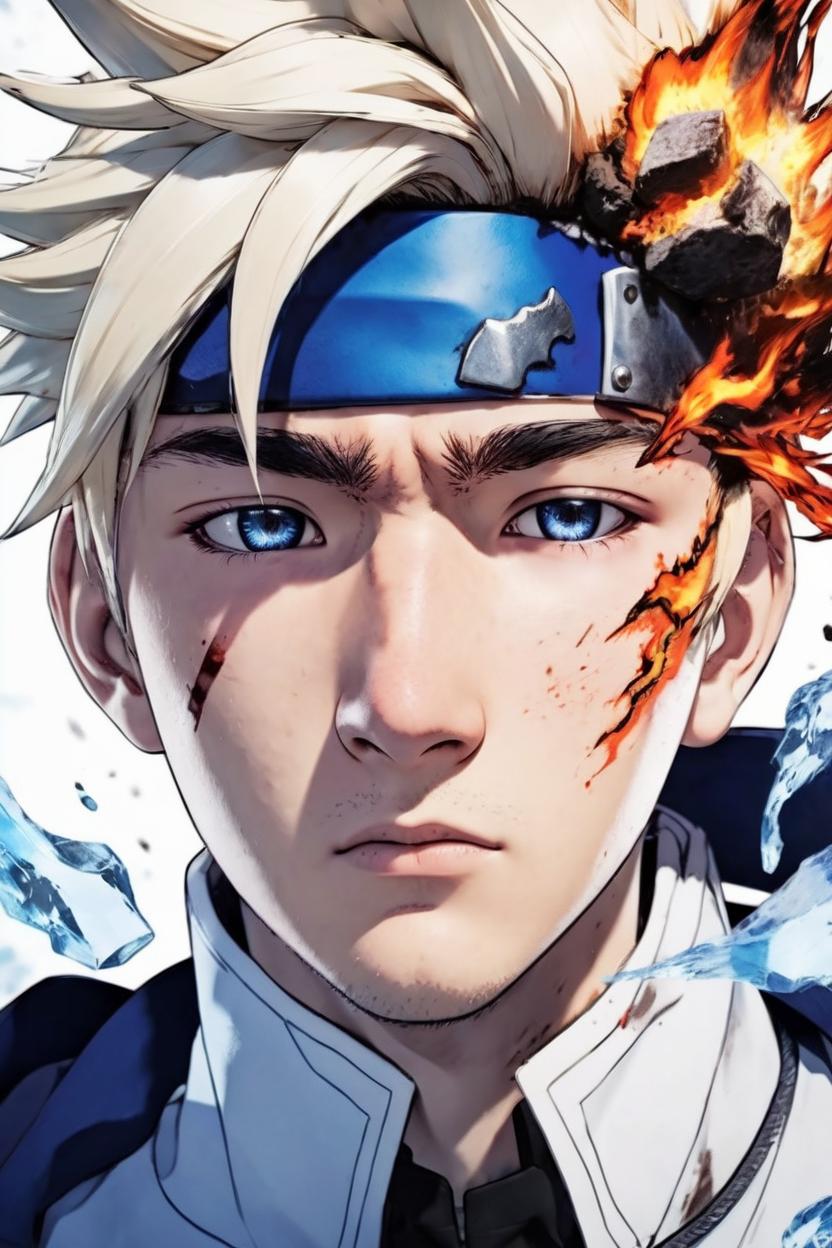 Artificial Intelligence (AI) generated image art, man, anime art, illustrated by Yoshihiko and Umakoshi Hitomi Odashima, My Hero Academia anime series, a boy with half red and half white hair. He has one brown eye and one blue eye along with a giant burn mark over the blue eye. He is a hero and has the power to control fire and ice,