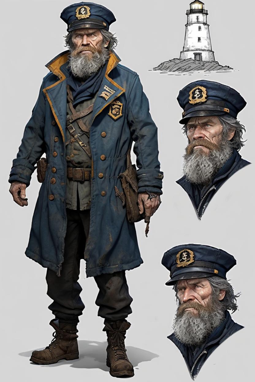 Artificial Intelligence (AI) generated image art, man, (ship captain), (old), ((grizzled)), (beard),, lighthouse, (wearing a jacket), ((post apocalypse)), (Captain's hat), (experienced survivor), (((dnd style character sheet)))