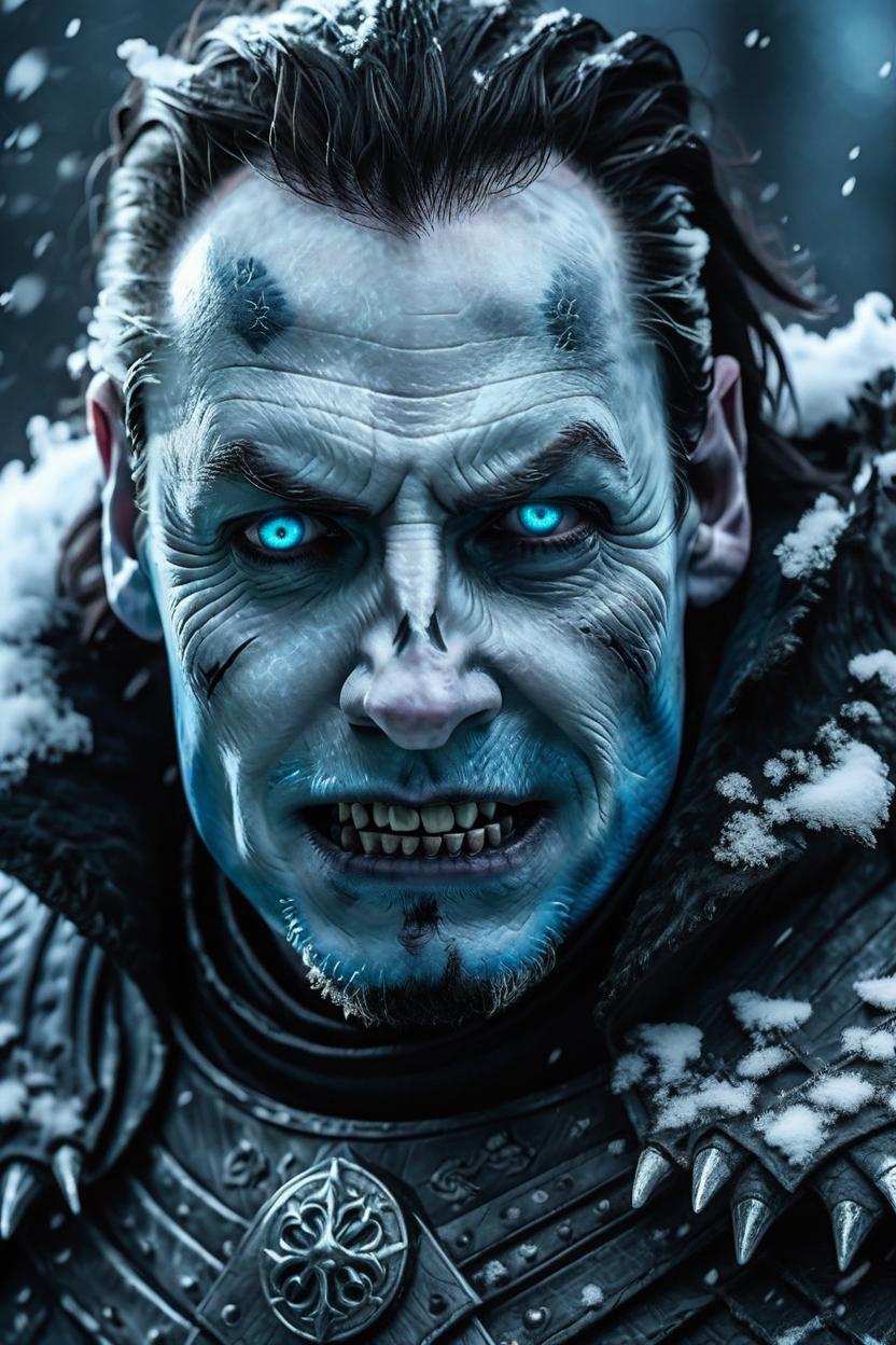Artificial Intelligence (AI) generated image art, man, as the night king from game of thrones, white walker, evil looking, dark cinematic lighting, snow scene, very detailed