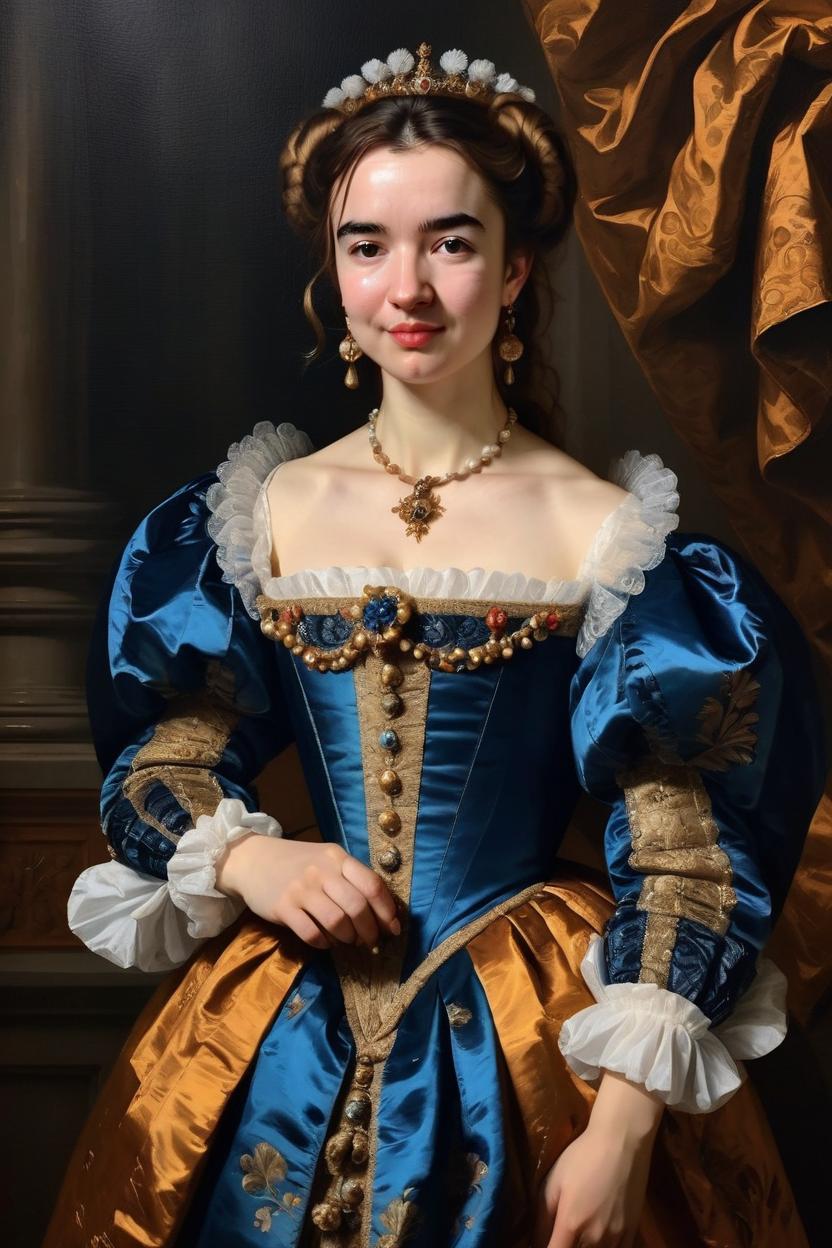 Artificial Intelligence (AI) generated image art, woman, on a royal portrait in traditional painting style, as a very beautiful queen from 17th century, wearing 17th century dress with puff sleeves, baroque masterpiece by anton van dyck