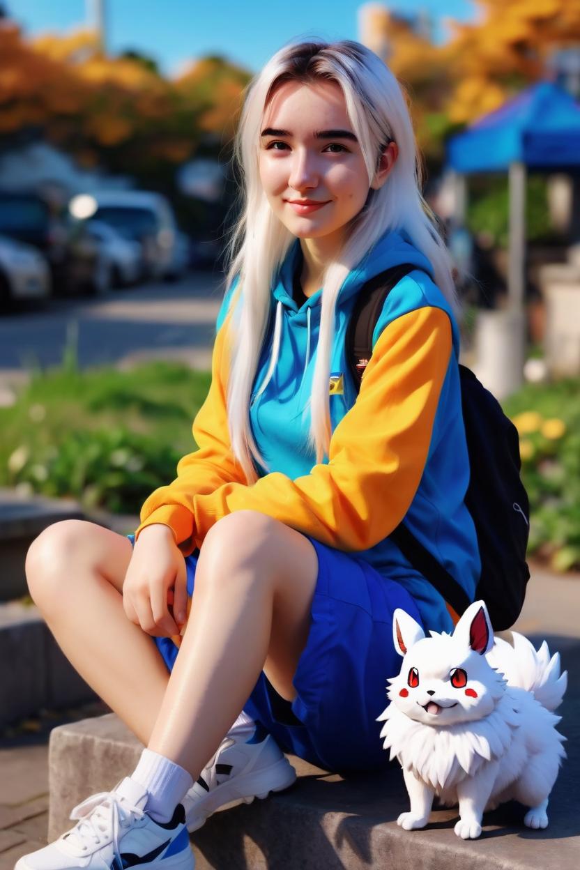 Artificial Intelligence (AI) generated image art, woman, ((anime art)), ((in art by Ross Draws)), ((2D digital painting)), as a Pokemon trainer, with anime-like white hair, sitting outside with her pokemon, artistic, vibrant colors