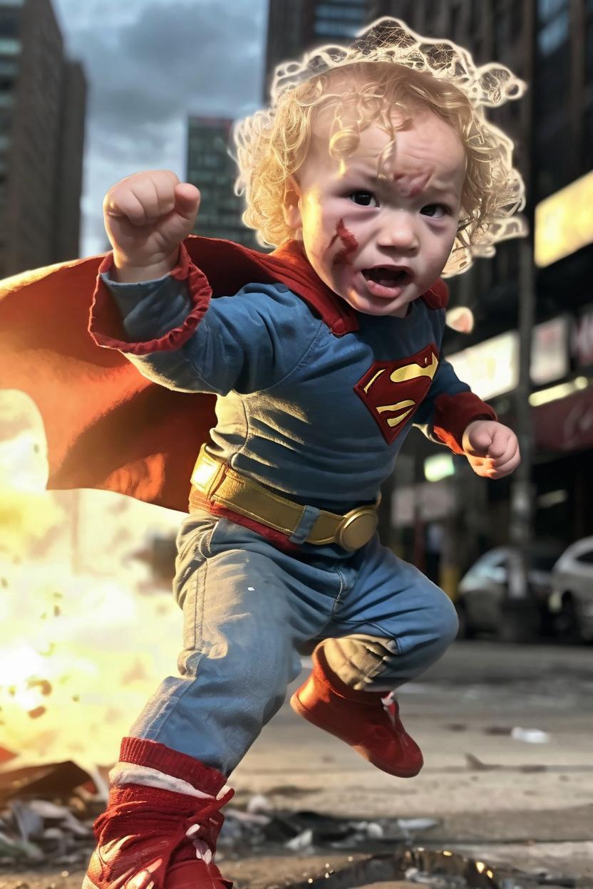 Artificial Intelligence (AI) generated image art, man, keeping his baby face and form, as a superhero fighting off bad guys in the city using supernatural weapons