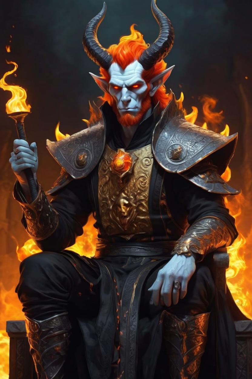 Artificial Intelligence (AI) generated image art, man as Greek god Hades ((fantasy tiefling)), his hair is actual orange,yellow and red flames, he has fire for hair, pale white skin, he is overlord of the underworld, dnd art, (art by Greg Rutkowski), highly detailed, ((in the underworld)), fire magic, he is sitting on a tall black spiky throne, all hail Hades, colorful, dark, vibrant, fantasy, lore, demonic