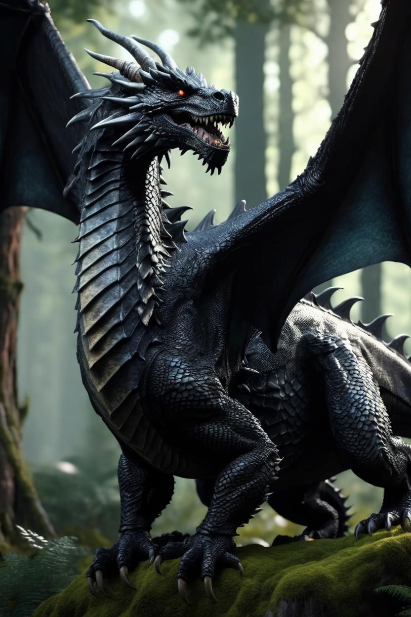 Artificial Intelligence (AI) generated image art, Large scary black dragon, wings expanded, scale details, ((hyperrealistic)), in a mystical forest, cinematic lighting, 4k
