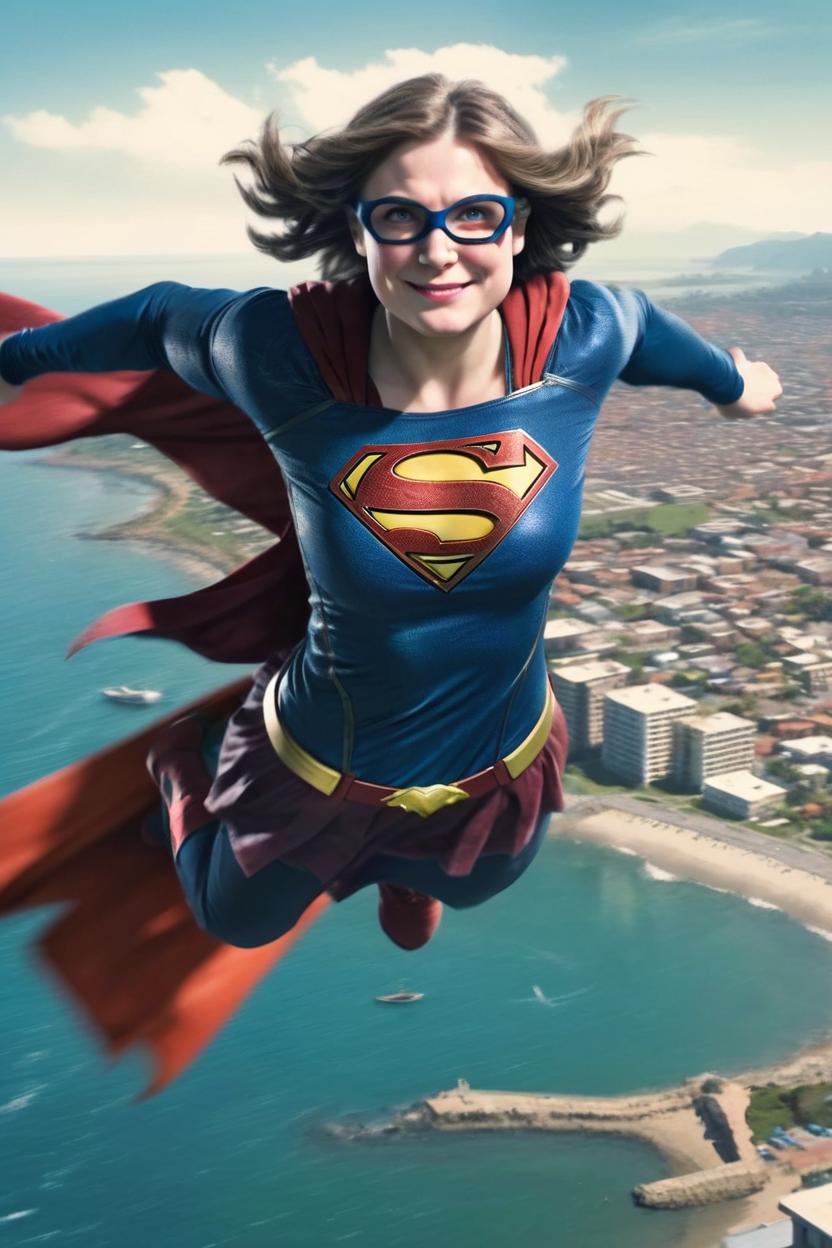 Artificial Intelligence (AI) generated image art, woman, as supergirl in flight over a coastal city.