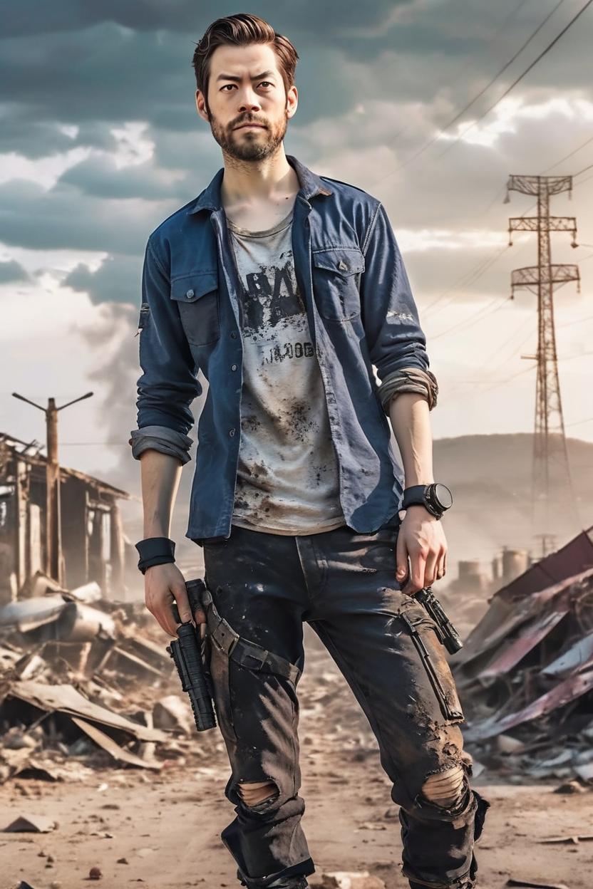 Artificial Intelligence (AI) generated image art, man, Full body, long-shot, key visual, male bandit in a post-apocalyptic wasteland, highly detailed, breathtaking beauty, open shirt, comprehensive cinematic, dynamic pose, best quality, ultra sharp focus, Takeshi Obata