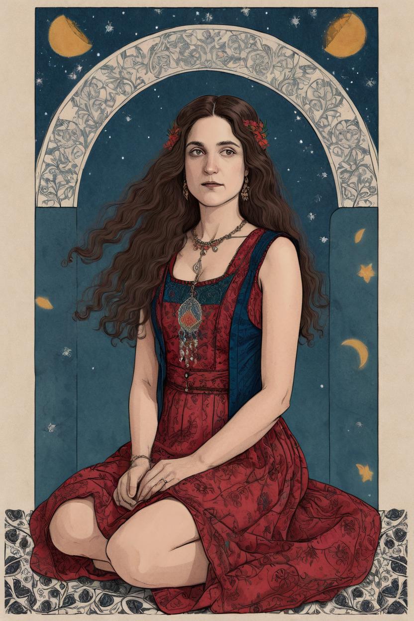 Artificial Intelligence (AI) generated image art, woman, illustration, a tarot card drawing sitting, wearing pomegranate dress, long hair, elegant, mystical, artwork