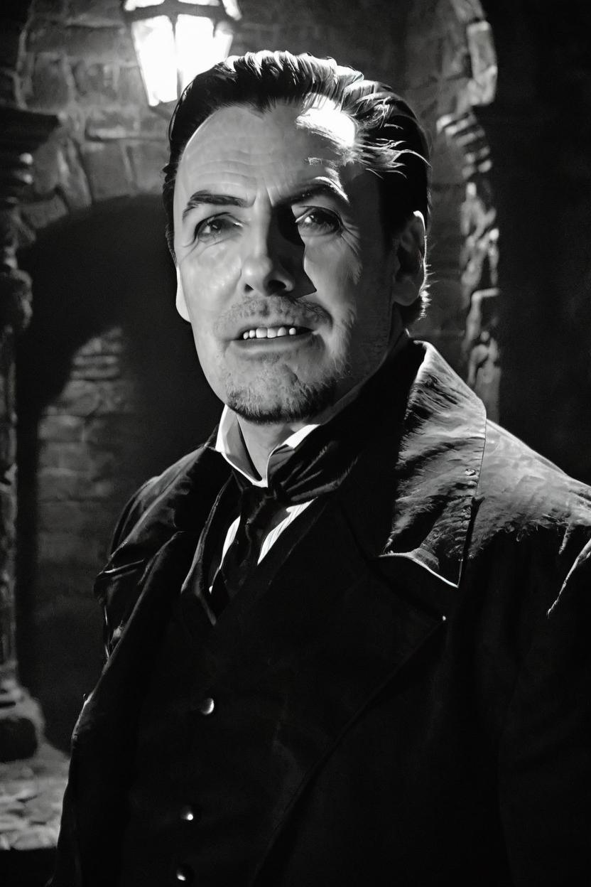 Artificial Intelligence (AI) generated image art, ((man)), as Bela Lugosi dracula, black and white grainy film, realistic, highly detailed, inside castle, dark lighting, eerie scene