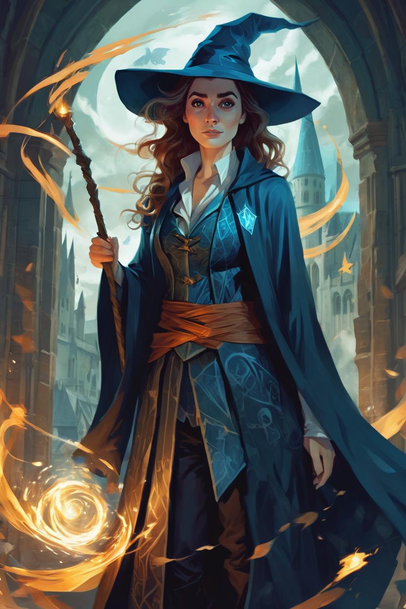 Artificial Intelligence (AI) generated image art, woman as a wizard, fantasy art, Harry Potter, medium shot, asymmetrical, intricate, elegant, illustration, by rhads, by greg rutkowski, by greg tocchini, by james gilleard, by joe fenton