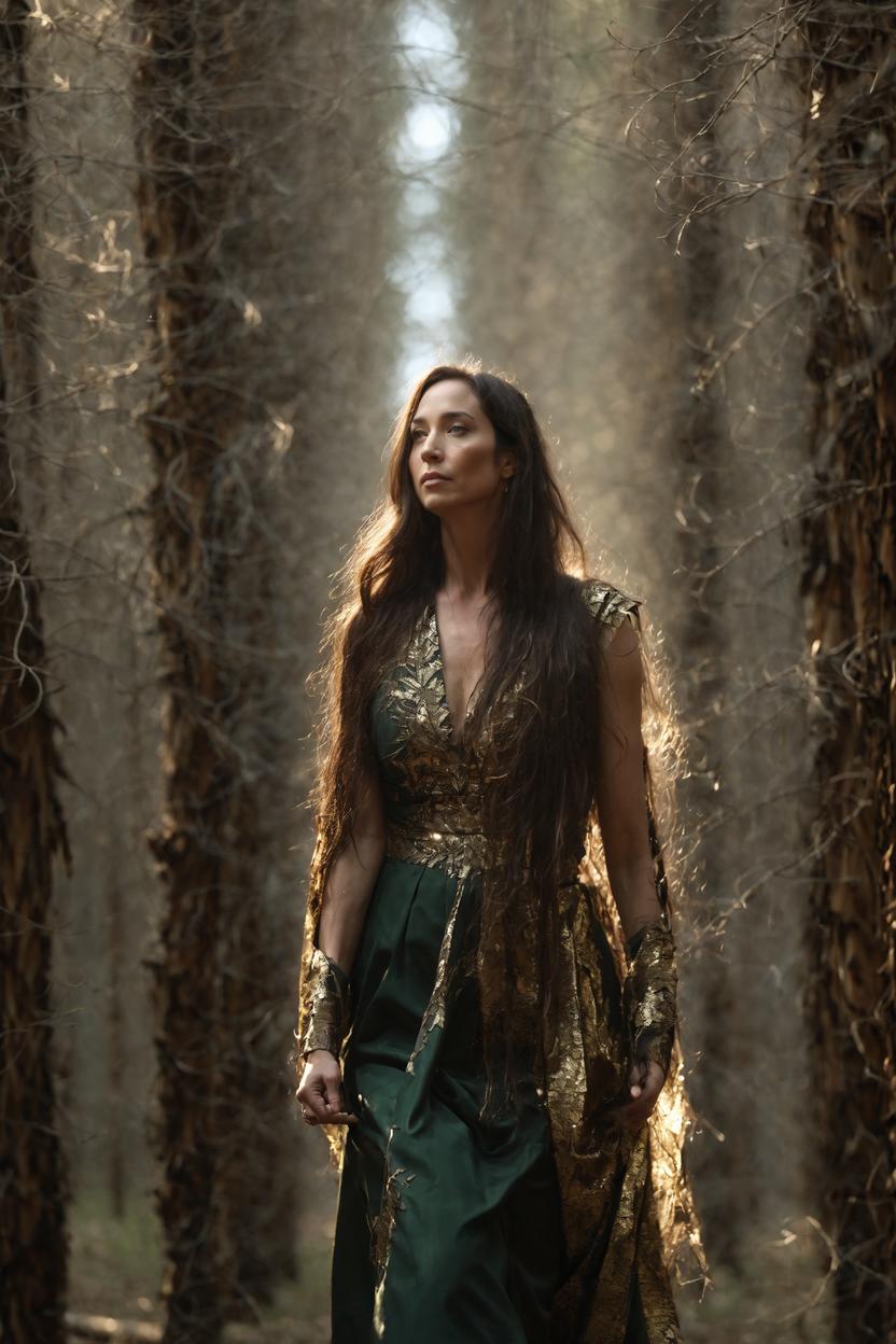 Artificial Intelligence (AI) generated image art, woman, long hair, portrait in soft light, gold backlighting through forest, depth of field, zeiss lens, detailed, symmetrical, centered, fashion photoshoot, by annie leibovitz, breathtaking, 8 k resolution, extremely detailed, establishing shot, artistic, hyperrealistic, octane render with steven tyler