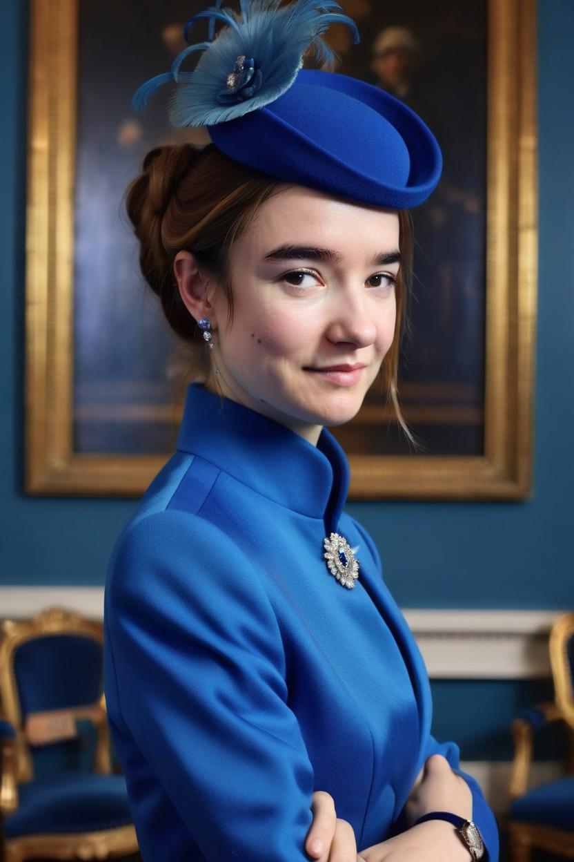 Artificial Intelligence (AI) generated image art, woman, on a royal portrait, as a member of modern-day British royalty, in a blue, monochromatic, formal outfit, wearing a matching fascinator, with her hair in an updo,