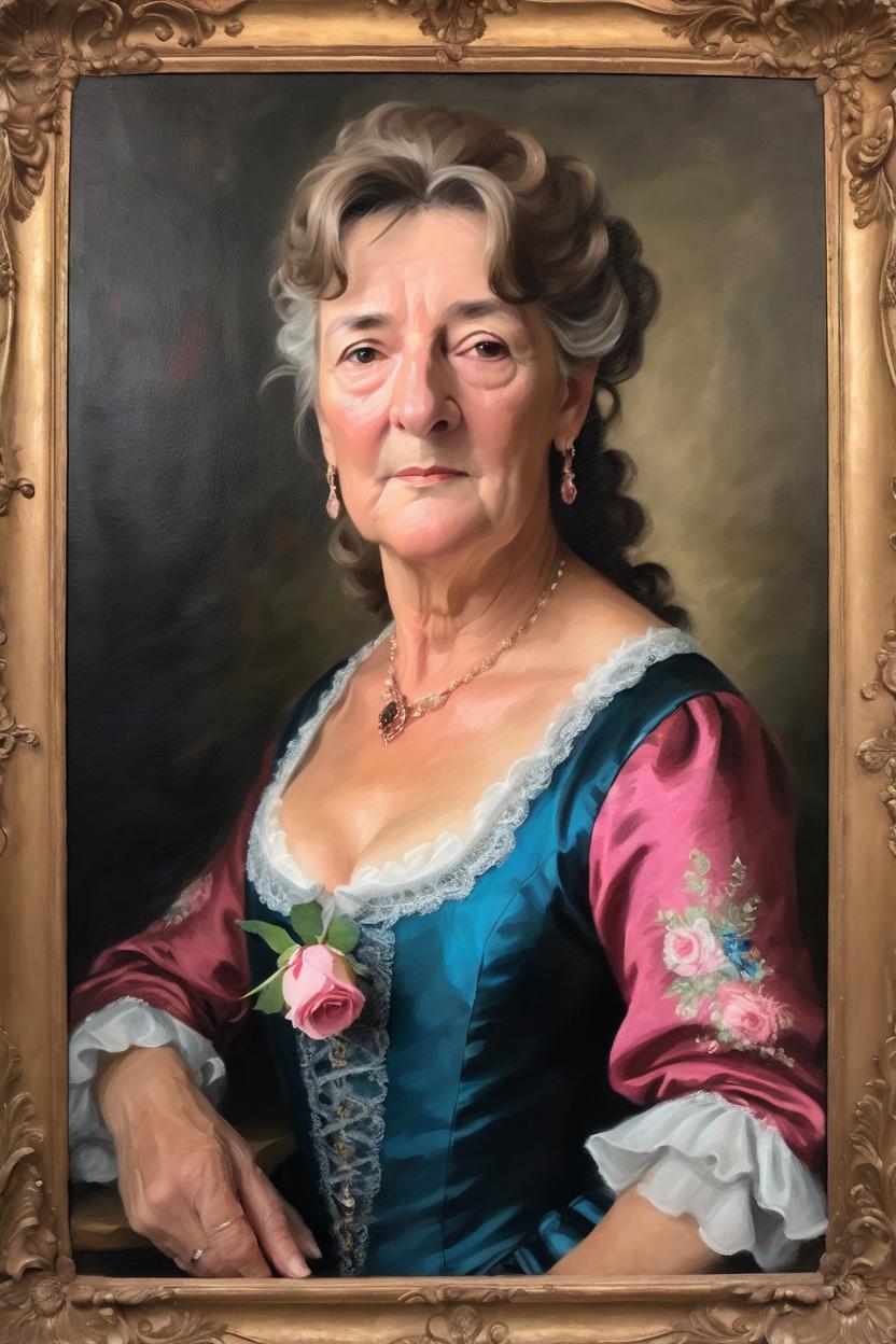 Artificial Intelligence (AI) generated image art, mature woman woman, baroque style portrait, oil painting, romantic wearing Versailles style clothing and hair, low neckline, featuring a rose