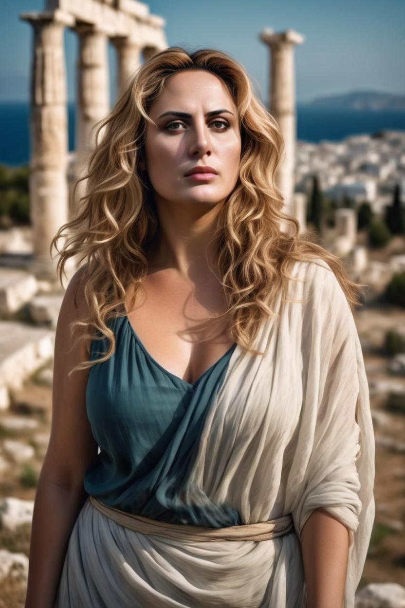 Artificial Intelligence (AI) generated image art, woman, shoulder length hair. beautiful looking off to the side. In the year 75 AD, in greece, in the agora, either a peplos or chiton and a himation, beautiful looking off to the side. scantily clad in clothing that is flowing in the wind. No patterns on the clothing. Portrait. full body. Realistic portrait. fine detail shoulder length light brown ombre color hair that is flowing in the wind. No patterns on the clothing. In greece in the background. Portrait. full body. Realistic portrait. fine detail
