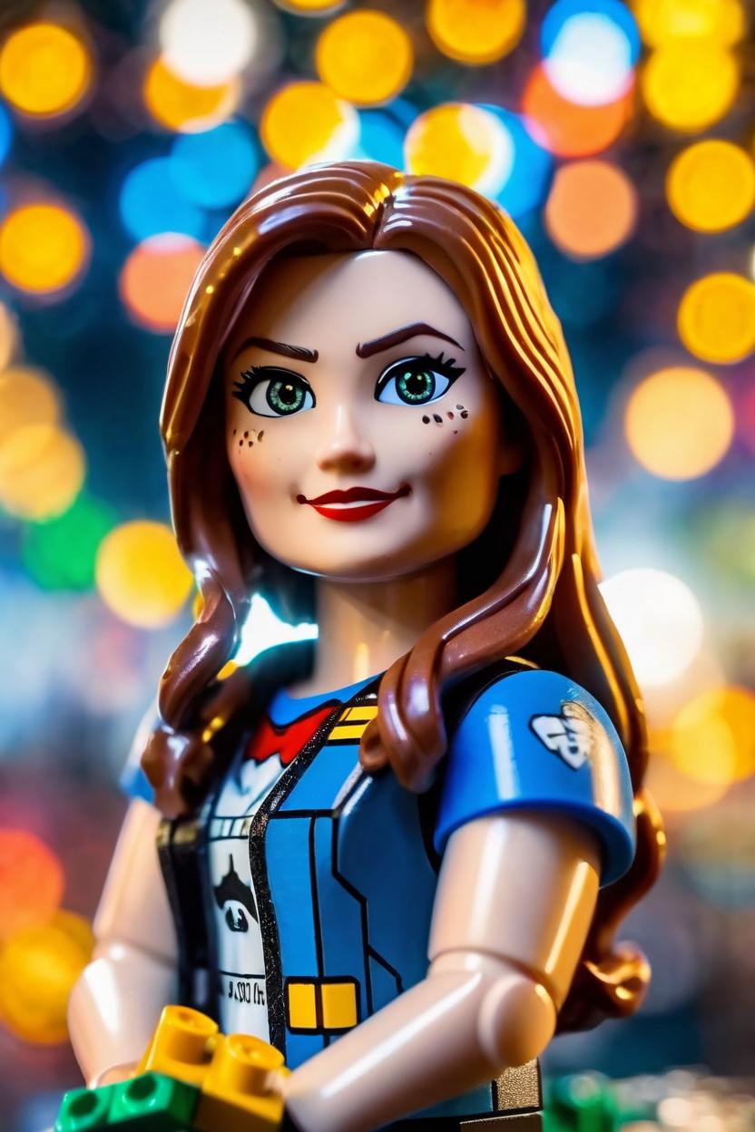 Artificial Intelligence (AI) generated image art, A Stuart Holmes painting of woman, as a Lego figurine in the style of 2014 The Lego Movie, cinematic beautiful lighting, sharp focus, Lego city in the background, bokeh