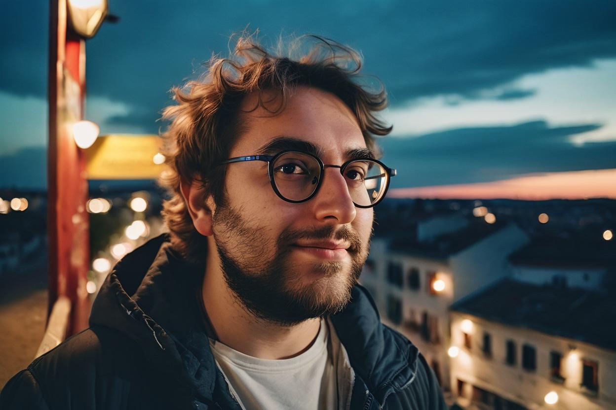 Artificial Intelligence (AI) generated image art, Detailed portrait of man, glasses, high contrast, ((crisp)) ((sharp photo)) captured in photorealistic detail, showcasing skin, hair, and clothing textures, shot on 28 mm kodak camera, twilight, pub outside old european city, bathed in twilight light, (natural eyes), tinder photo, cool pose, confident and seductive, looking at the horizon, handsome, thinking, joyful, talking to someone