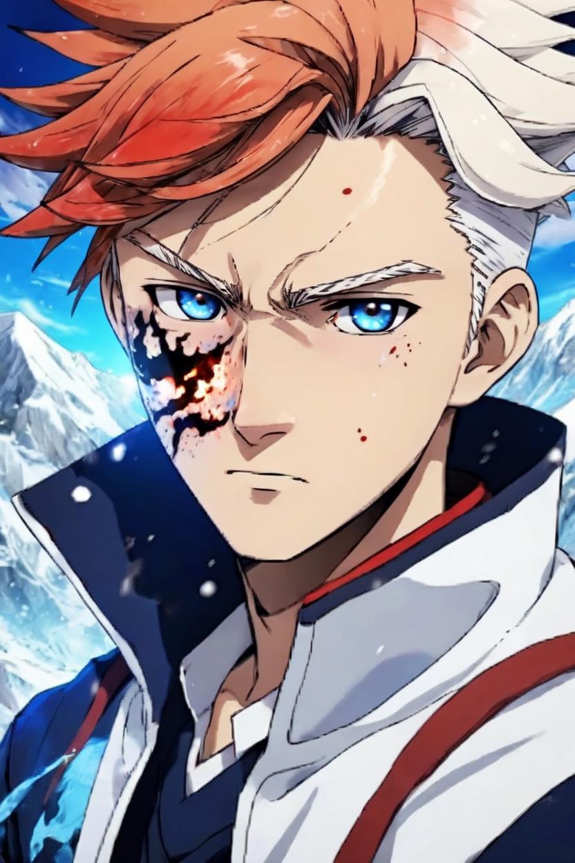 Artificial Intelligence (AI) generated image art, man, anime art, illustrated by Yoshihiko and Umakoshi Hitomi Odashima, My Hero Academia anime series, a boy with half red and half white hair. He has one brown eye and one blue eye along with a giant burn mark over the blue eye. He is a hero and has the power to control fire and ice,