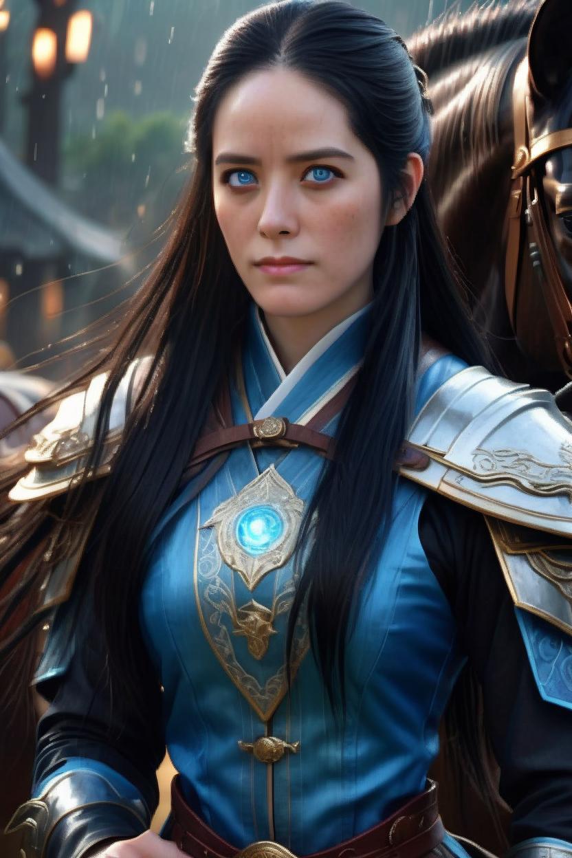 Artificial Intelligence (AI) generated image art, ((woman full body handsome photo, photorealistic, at age 42, long dark hair, as battle maiden Otaku Komoko from Legends of the Five Rings, holding the rains of a huge war horse, radiant light, caustics, accurate head shape, blue eyes)), (painting by Rob Alexander)