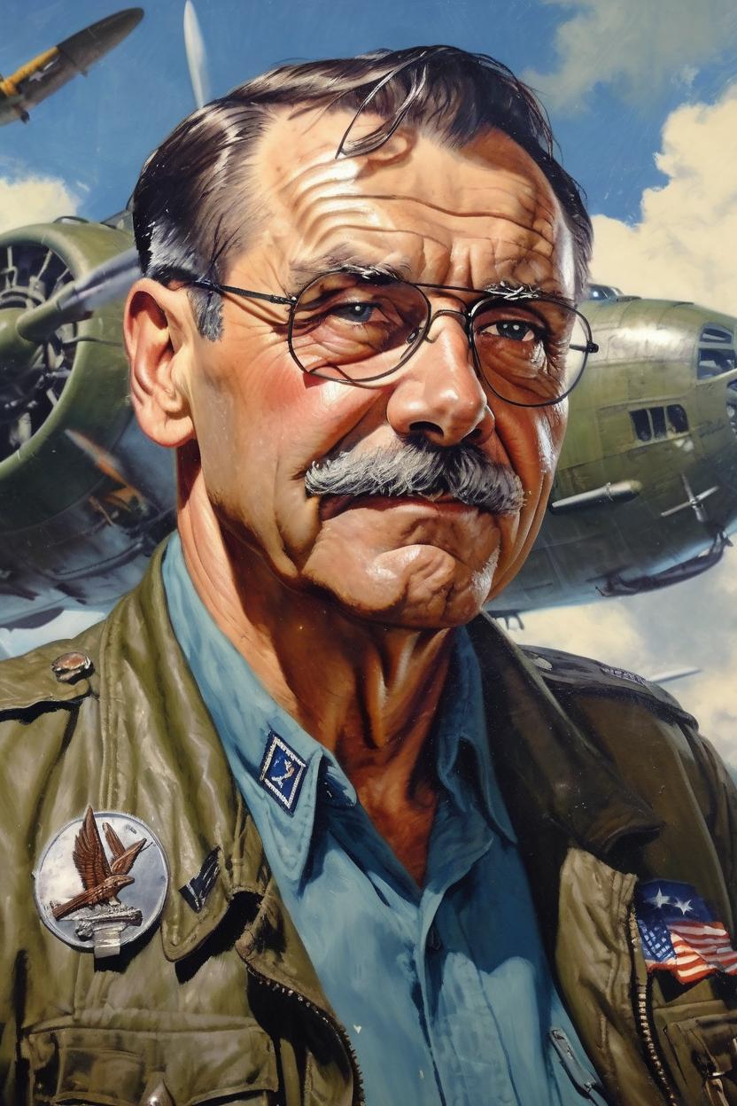 Artificial Intelligence (AI) generated image art, man, (portrait), ((((torso)))), 1940s WAC, airforce pilot, adventure, pulp novel, WWII propaganda, art by Greg Rutkowsi, highly detailed, sharp focus, 4k, b-17 flying fortress background