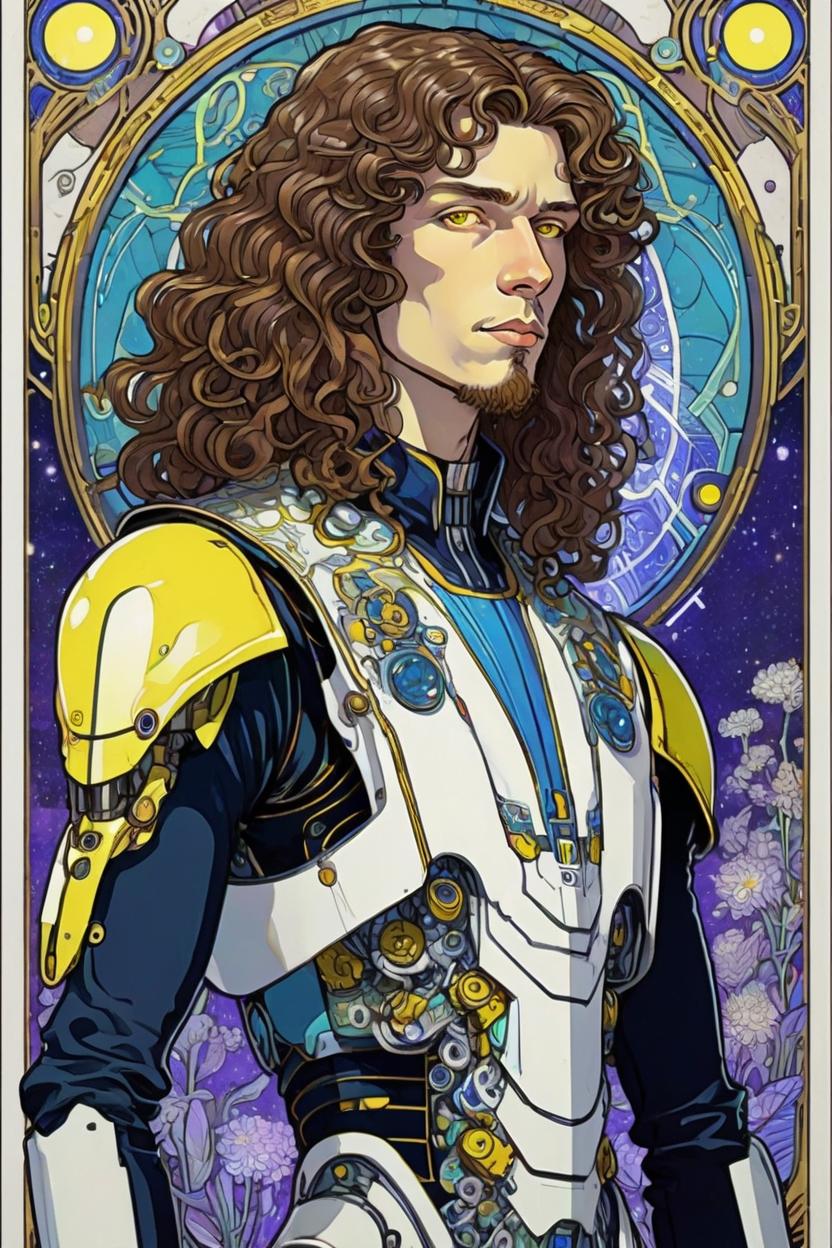 Artificial Intelligence (AI) generated image art, (man), portrait, artwork by Ivan Bilibin, Art Nouveau, tarot, cyberpunk, yellow and blue android, cyborg, robotic, cyberpunk, retro, with shoulder length naturally curly brown hair hair, with one bang peice of hair in front colored white, hazel white eyes, mauve irises, full body