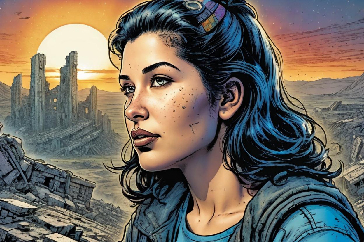 Artificial Intelligence (AI) generated image art, woman, (small empty area above head),(Robert Crumb comic book style), illustration, comics, portrait, scifi, landscape, face, scifi ruins background, sunset