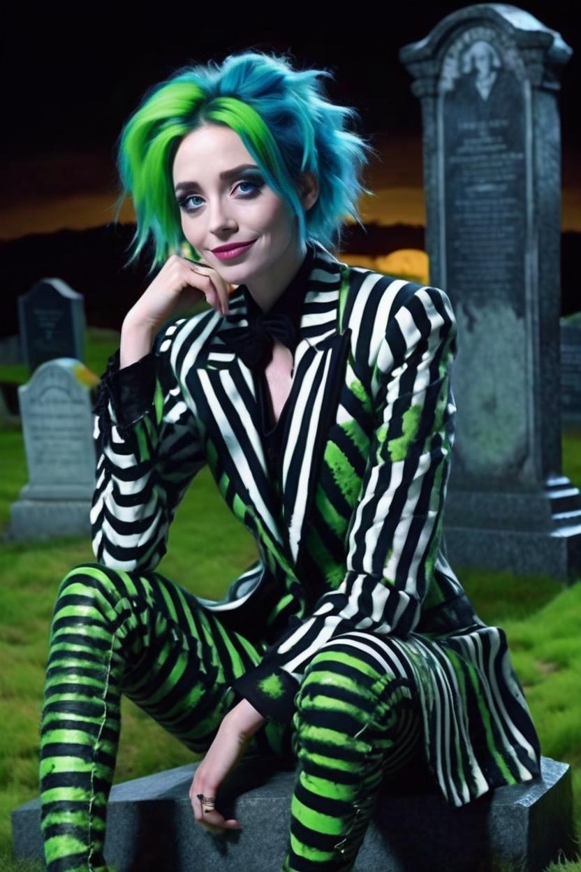 Artificial Intelligence (AI) generated image art, woman, tim burton beetlejuice style animation, black and white striped suit, , green moss like hair, masterpiece art painting, sitting on a gravestone, mischievous smiling, blue eyes, full moon, sandworms in background, neon green and bright purple overlay, black and white stripes zig zag every where, ghostly